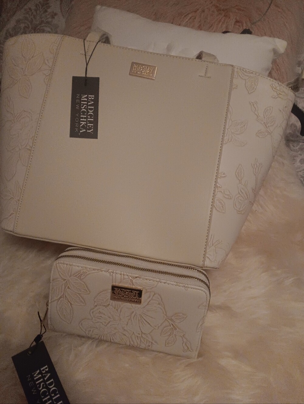 Badgley Mischka Cream Floral Tote with Matching Zip Wallet